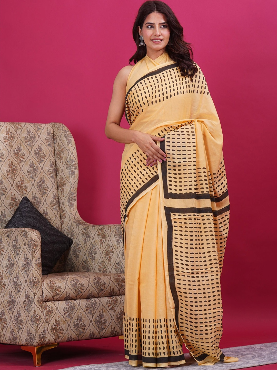 

Vanedik Polka Dot Pure Cotton Block Print Saree, Orange