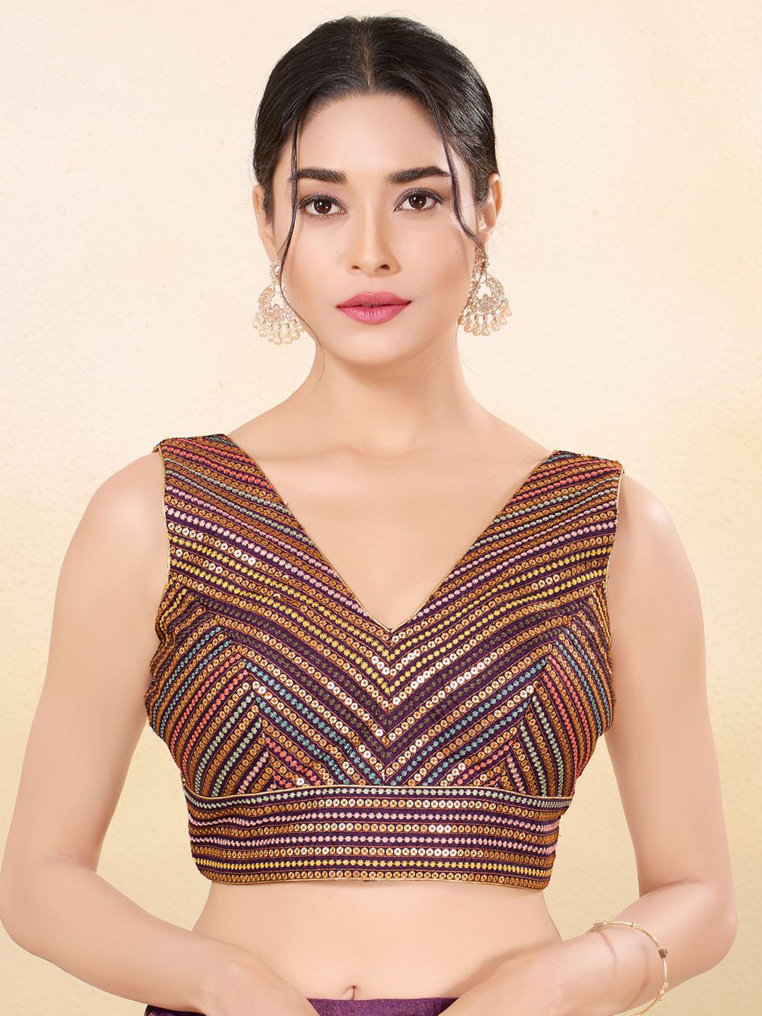 

VAMAS - THE DESIGNER BLOUSES Sequinned Embroidered Silk V-Neck Padded Saree Blouse, Purple