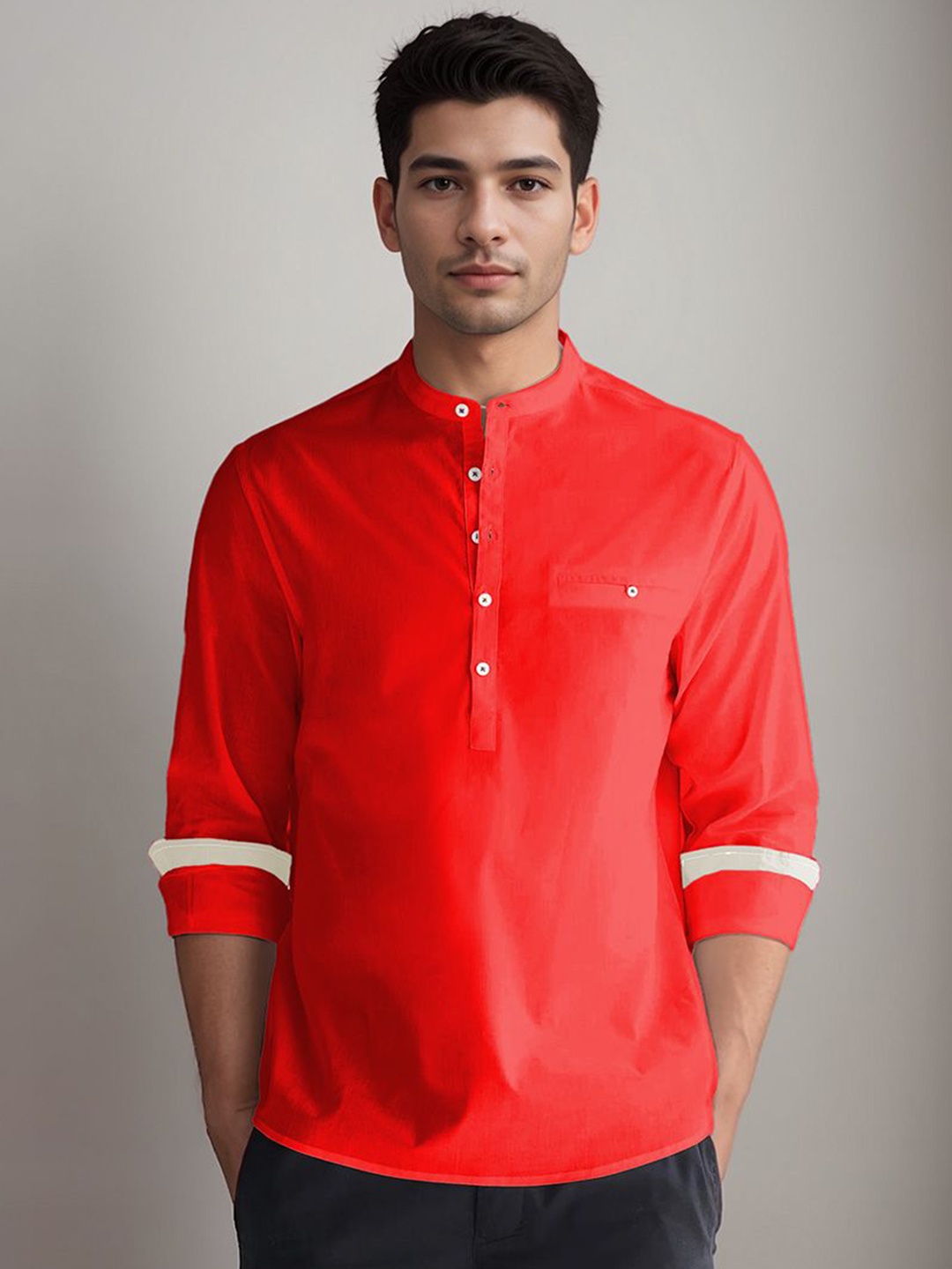 

APEKTRA Band Collar Under Pocket Slim Fit Cotton Straight Kurta, Red