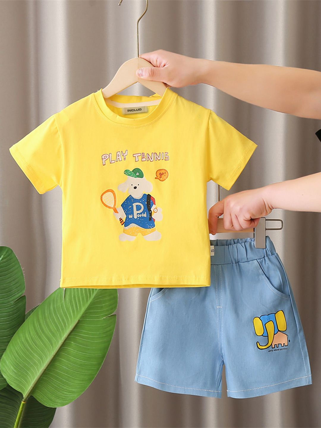

INCLUD Boys Cartoon Printed T-shirt With Denim Shorts, Yellow