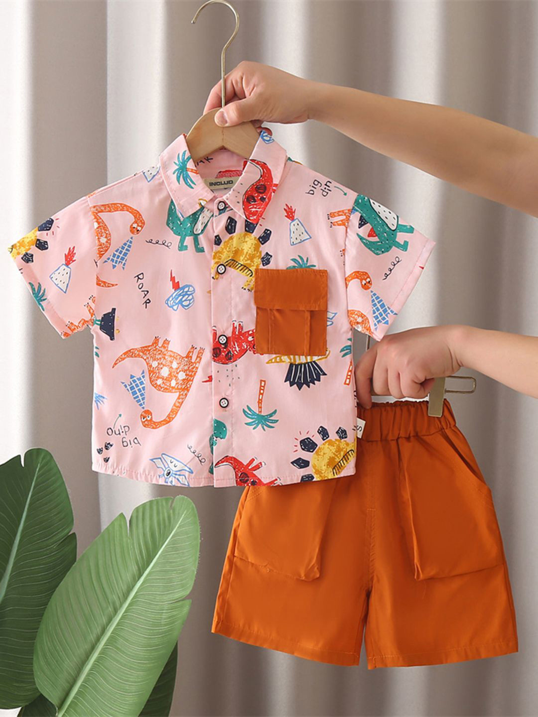 

INCLUD Boys Animal Graphic Printed Shirt With Shorts, Pink