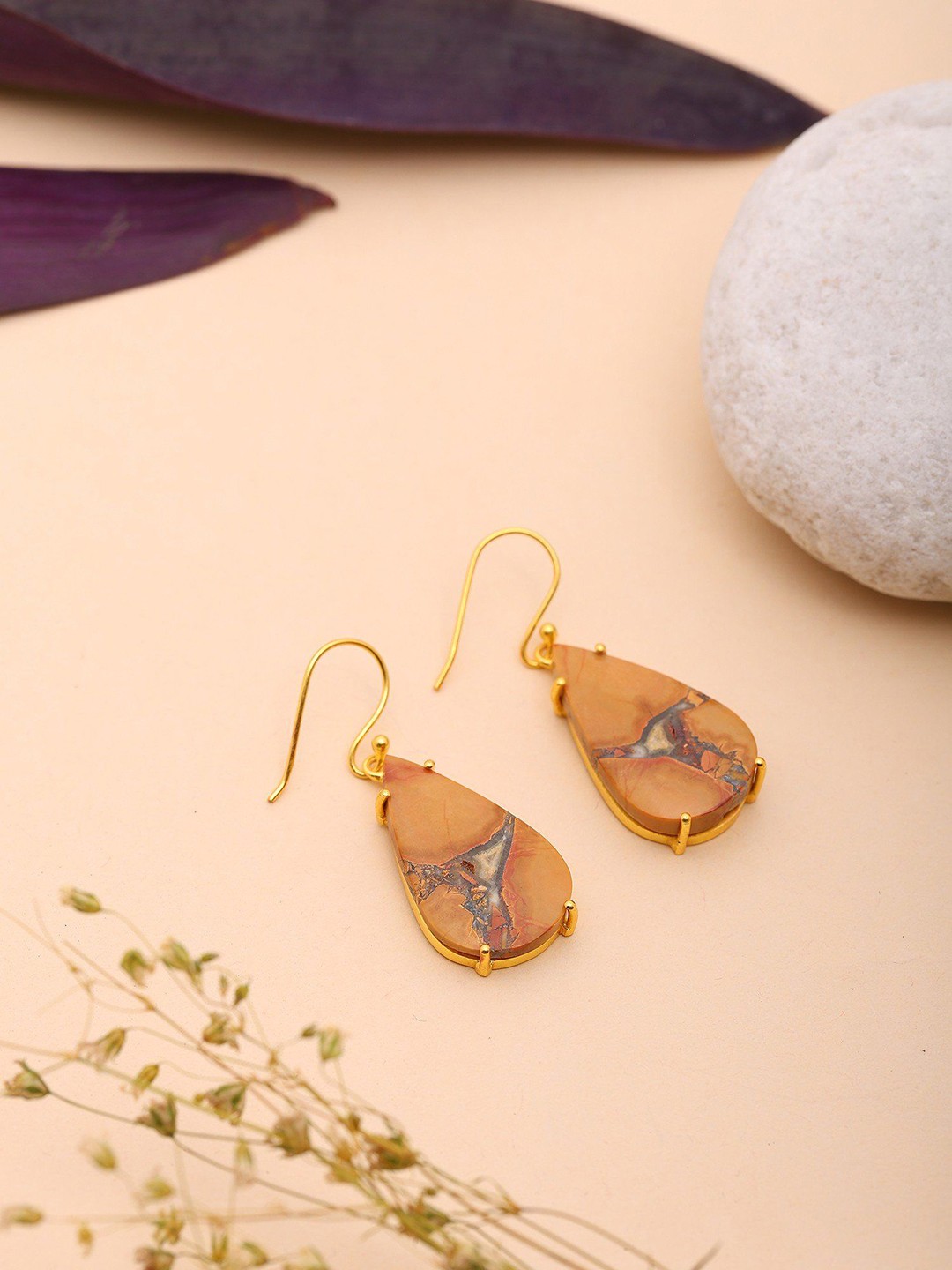 

Exotic India Gold-Plated Sterling Silver Teardrop Shaped Maligano Jasper Drop Earrings, Brown
