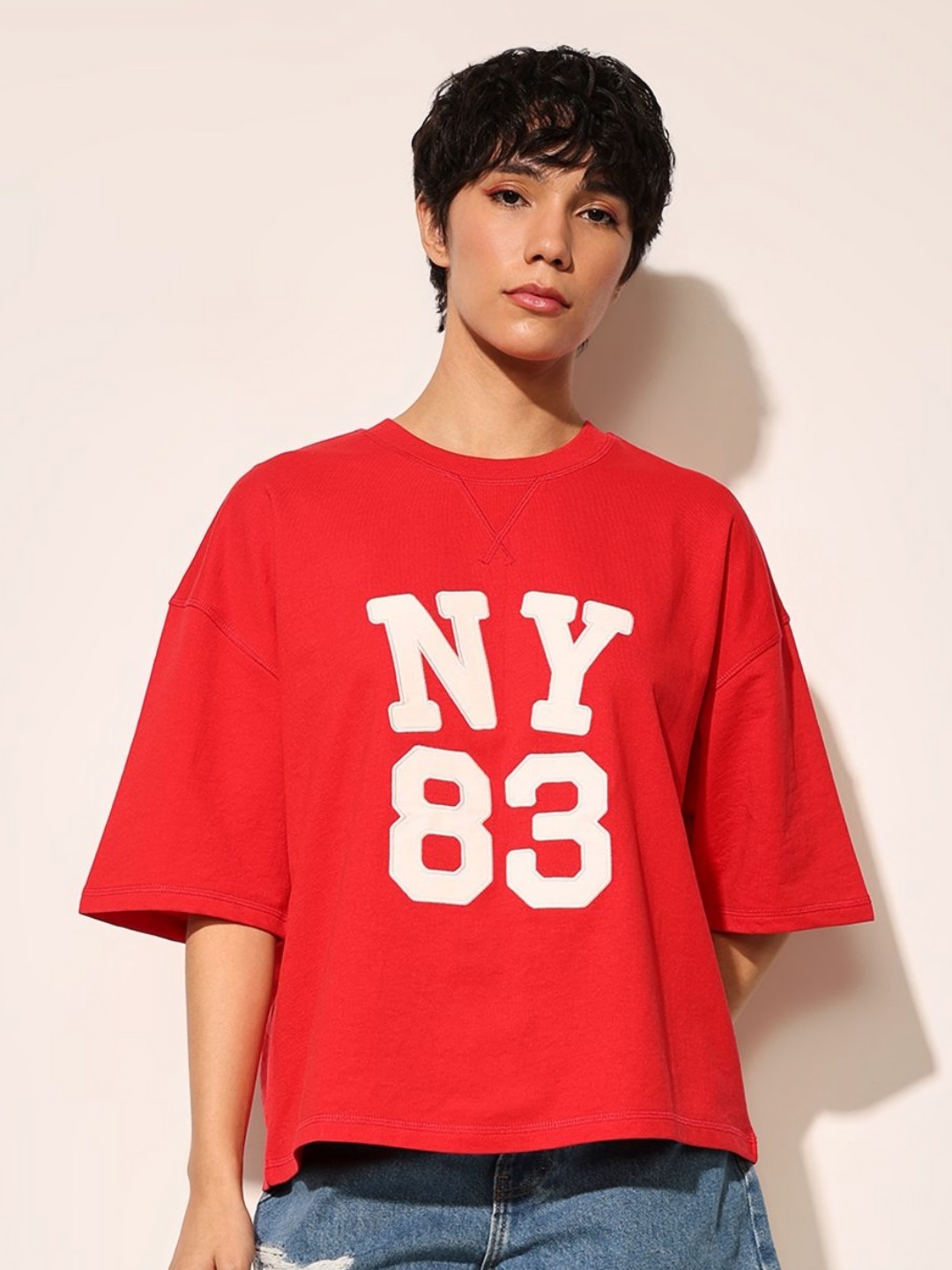

ONLY Women Typography Printed Drop-Shoulder Sleeves Applique T-shirt, Red