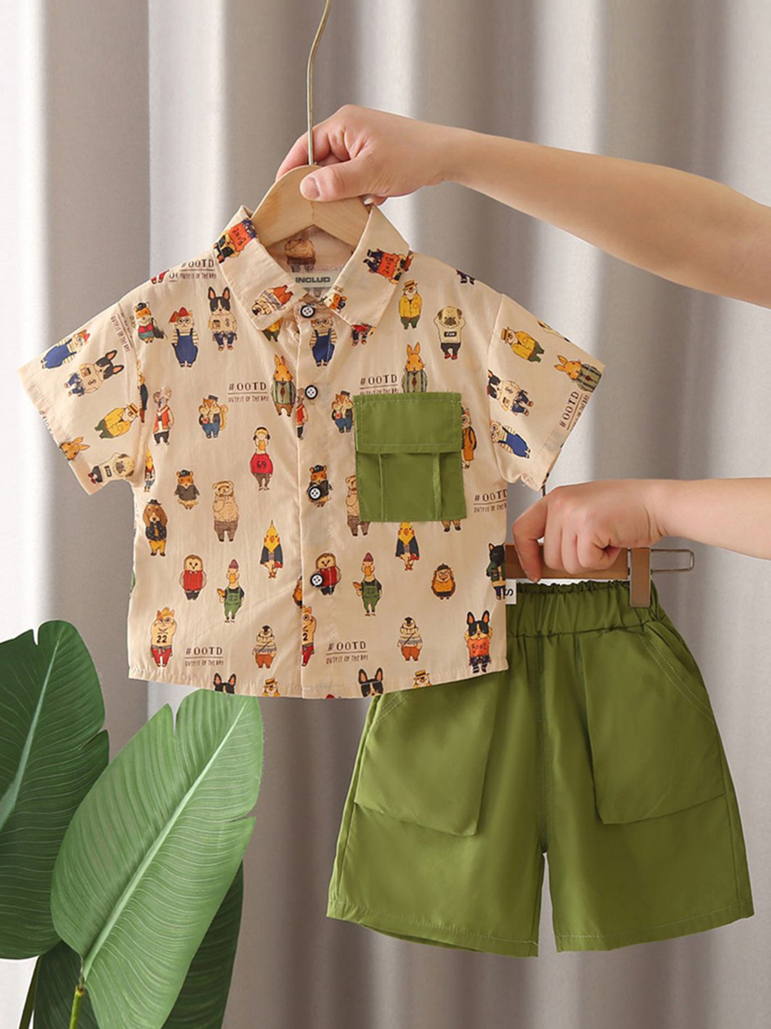 

INCLUD Boys Cartoon Printed Shirt With Shorts, Beige