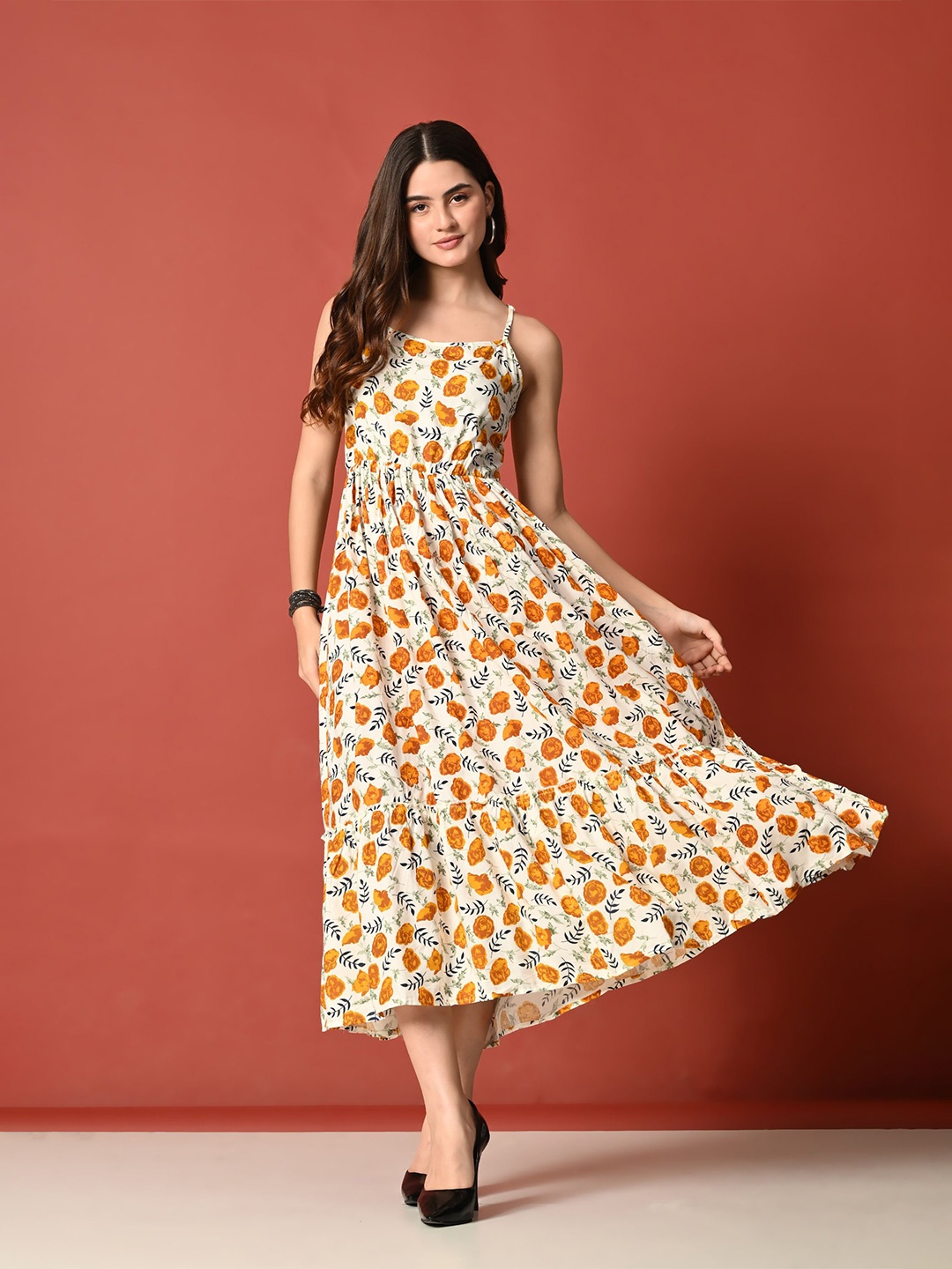 

ao services Women Floral printed Fit and Flare Dress, Beige