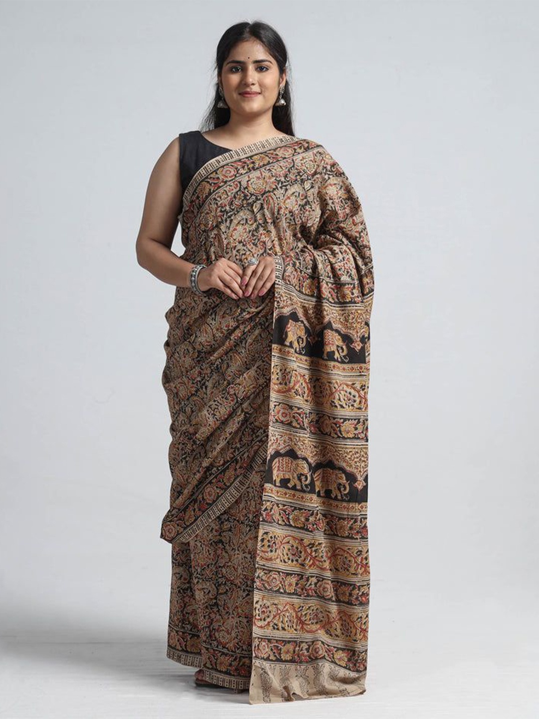 

iTokri Kalamkari Pure Cotton Block Print Saree, Black