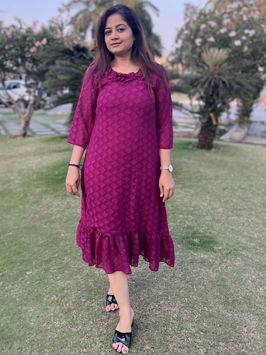 

Bhanderi Fashion Polka Dot Georgette A-Line Midi Dress, Purple