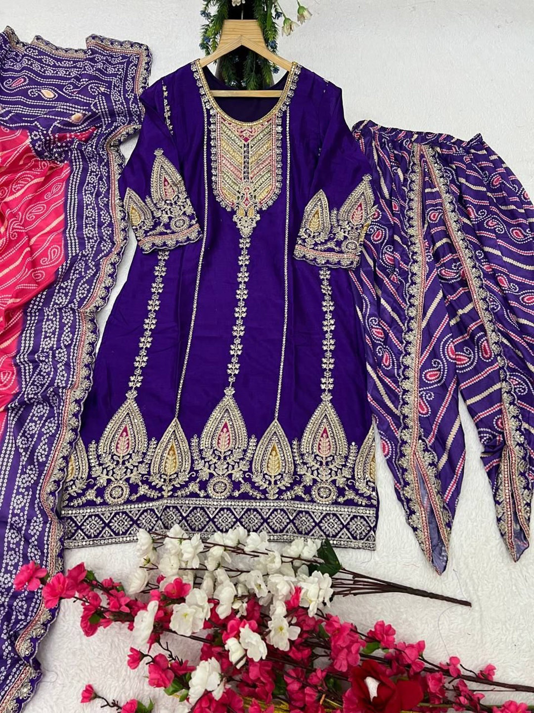 

ZIBLON Women Ethnic Motifs Embroidered Regular Thread Work Kurta with Dhoti Pants & With Dupatta, Purple