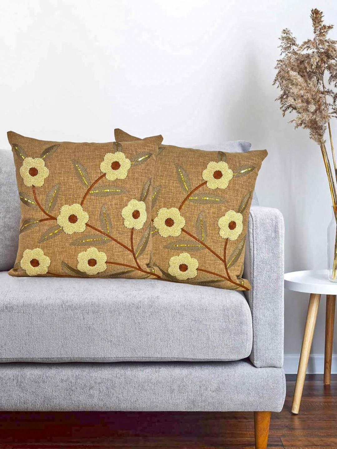 

MONKDECOR Brown Set of 2 Floral Linen Square Cushion Covers
