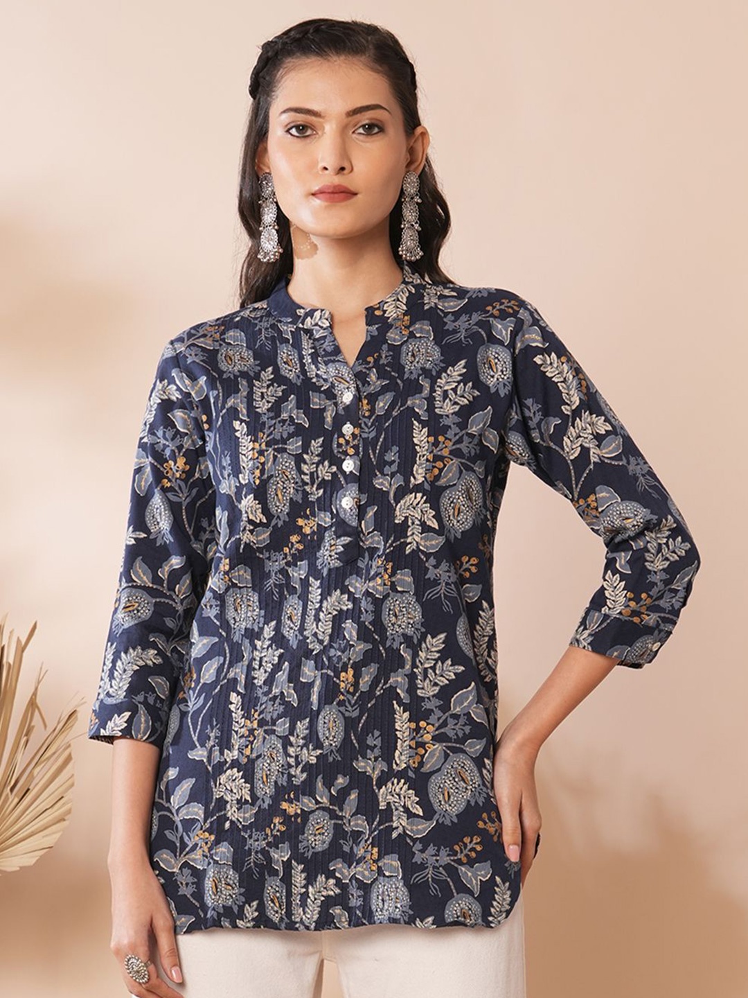 

FASHOR Floral Printed Pure Cotton Pleated Kurti, Blue