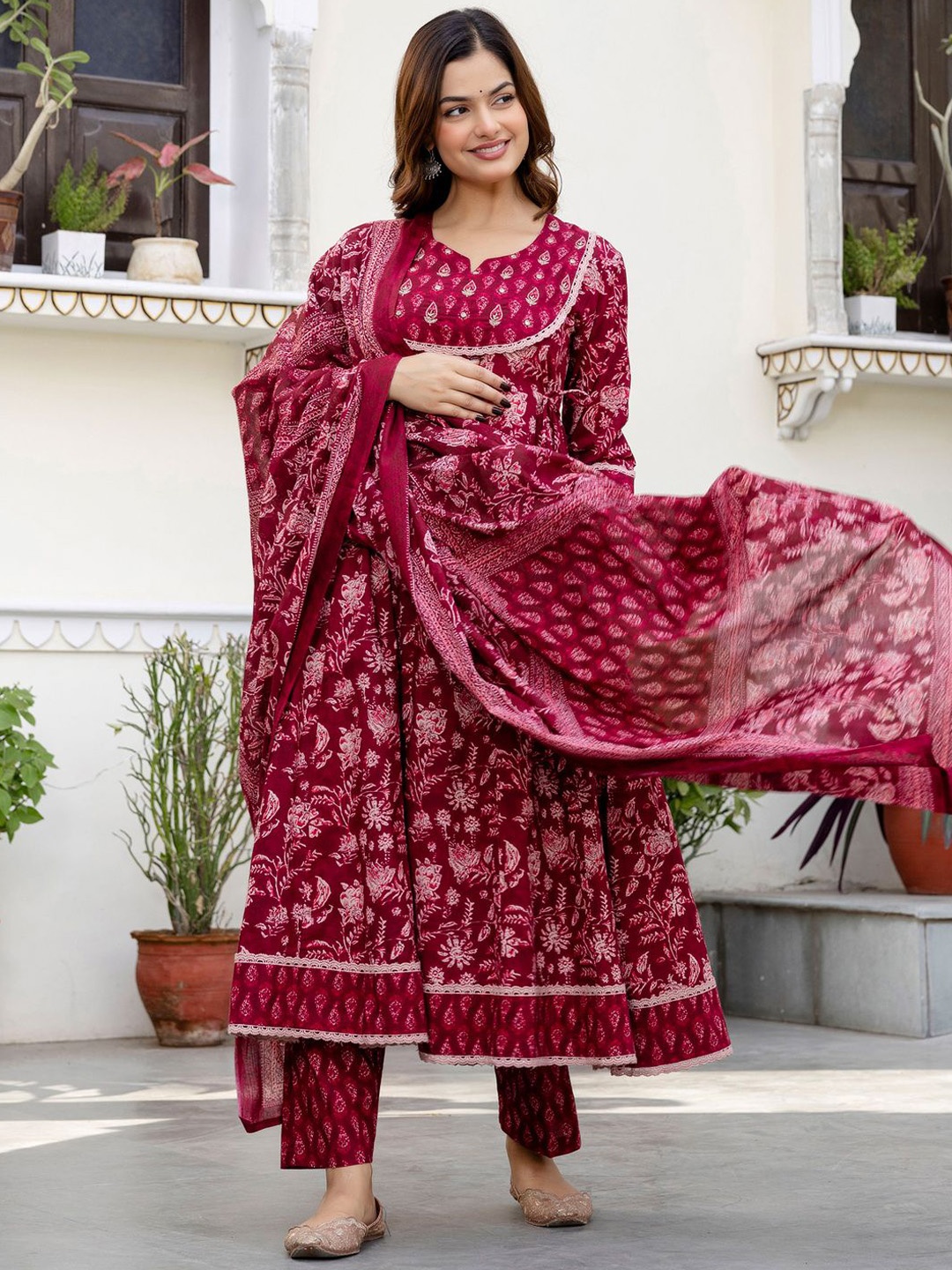 

Indo Era Women Ethnic Motifs Printed Pure Cotton Kurta with Trousers & With Dupatta, Burgundy