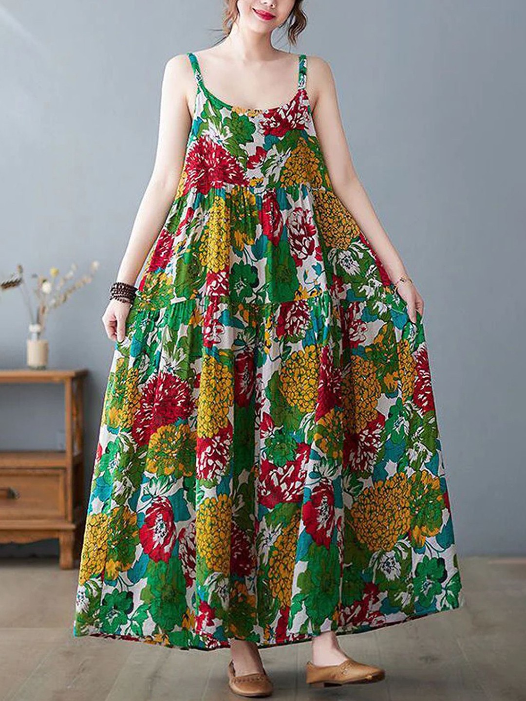 

MANOJAVA Women Floral Print Shoulder Straps Sleeveless Maxi Dress, Green