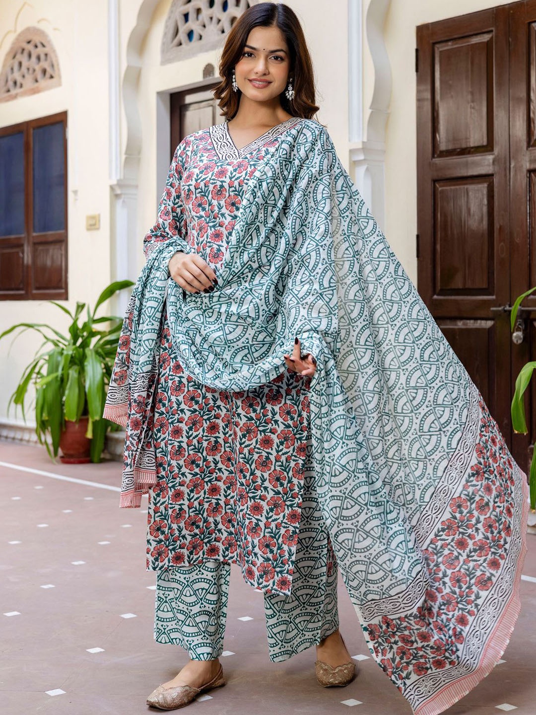 

Indo Era Floral Printed V-Neck Pure Cotton Straight Kurta With Palazzo And Dupatta, White