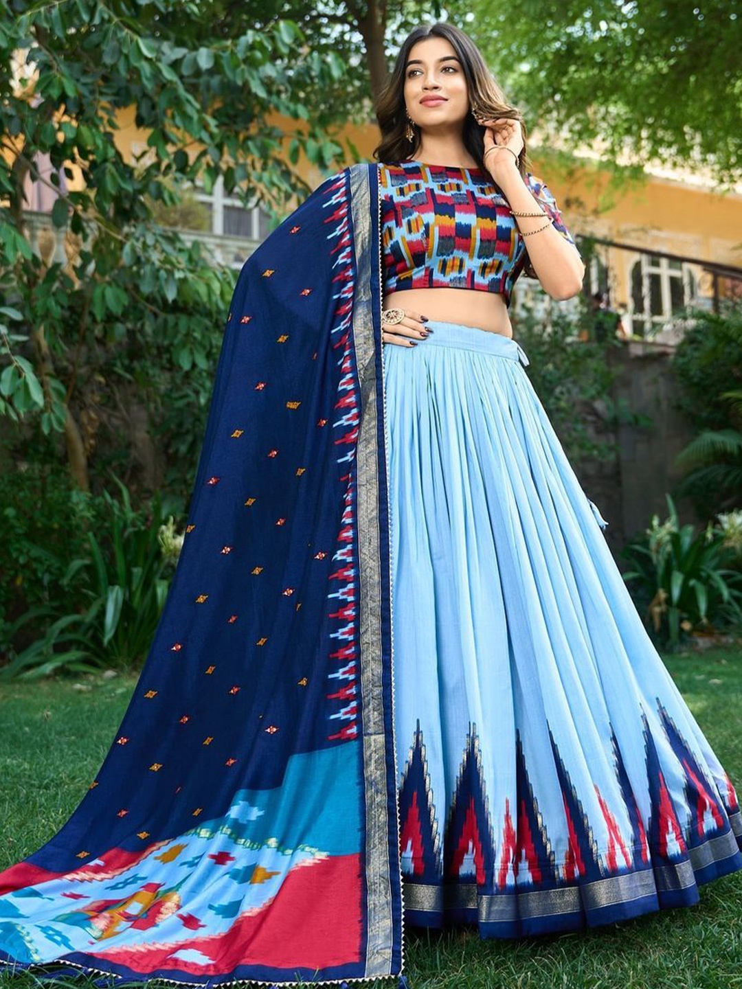 

RADHVI BIZ Ethnic Printed Ready to Wear Lehenga & Semi-Stitched Blouse With Dupatta, Blue