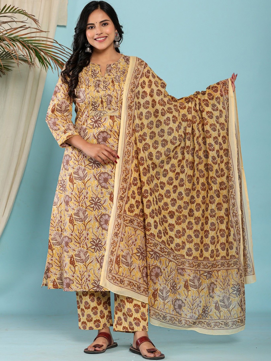 

KALINI Women Ethnic Motifs Printed Regular Sequinned Pure Cotton Kurta with Trousers & With Dupatta, Yellow