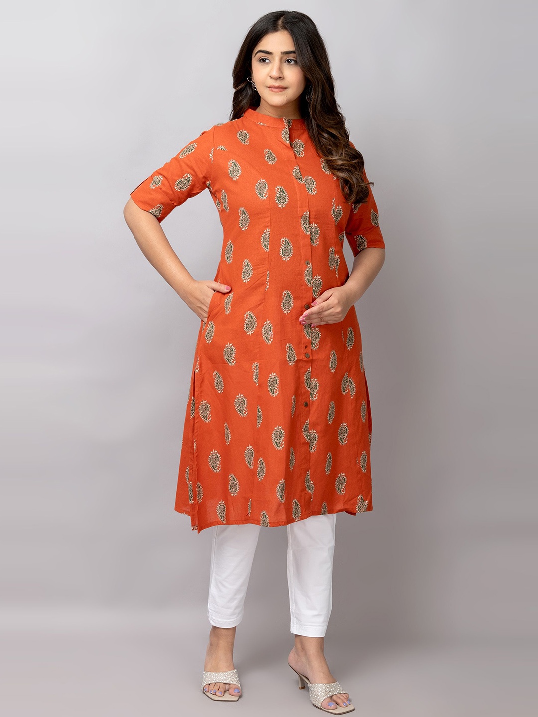 

TRIVEDI Paisley Printed Pure Cotton Mandarin Collar Ethnic A-Line Kurta, Orange