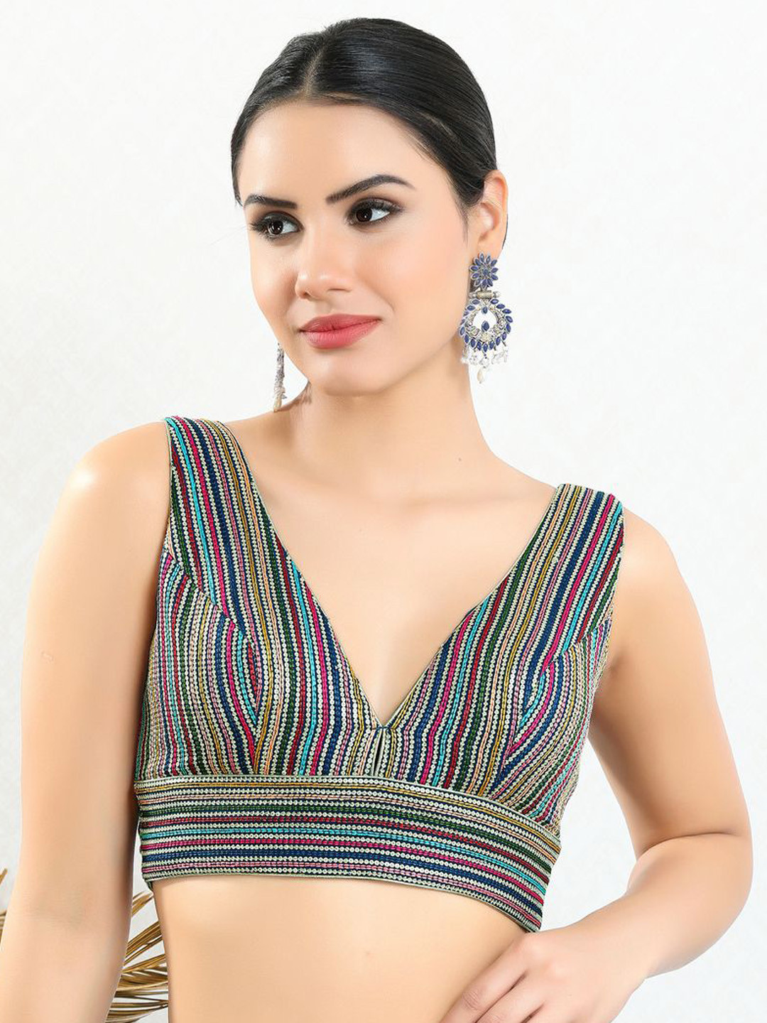 

VAMAS - THE DESIGNER BLOUSES Embroidered V-Neck Padded Saree Blouse, Blue