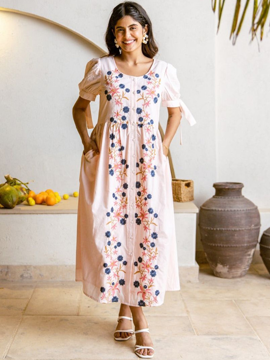 

AUTUMN LANE Embroidered Pure Cotton A-Line Midi Dress, Off white