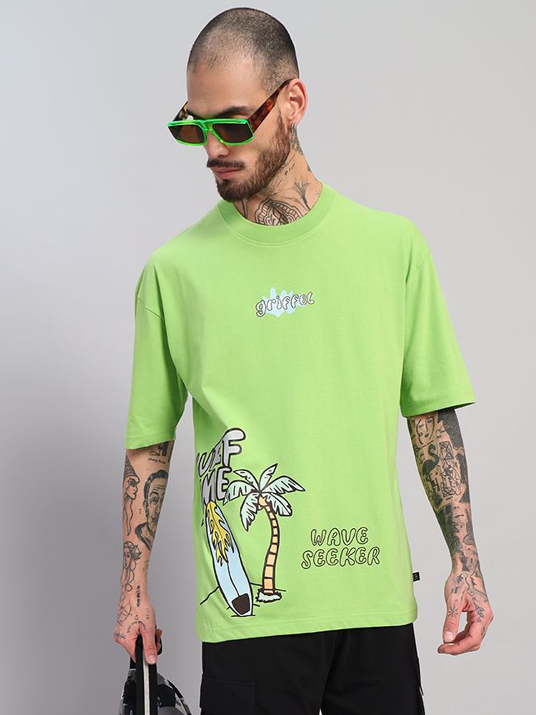 

GRIFFEL Men Printed Drop-Shoulder Sleeves Ultralite T-shirt, Green