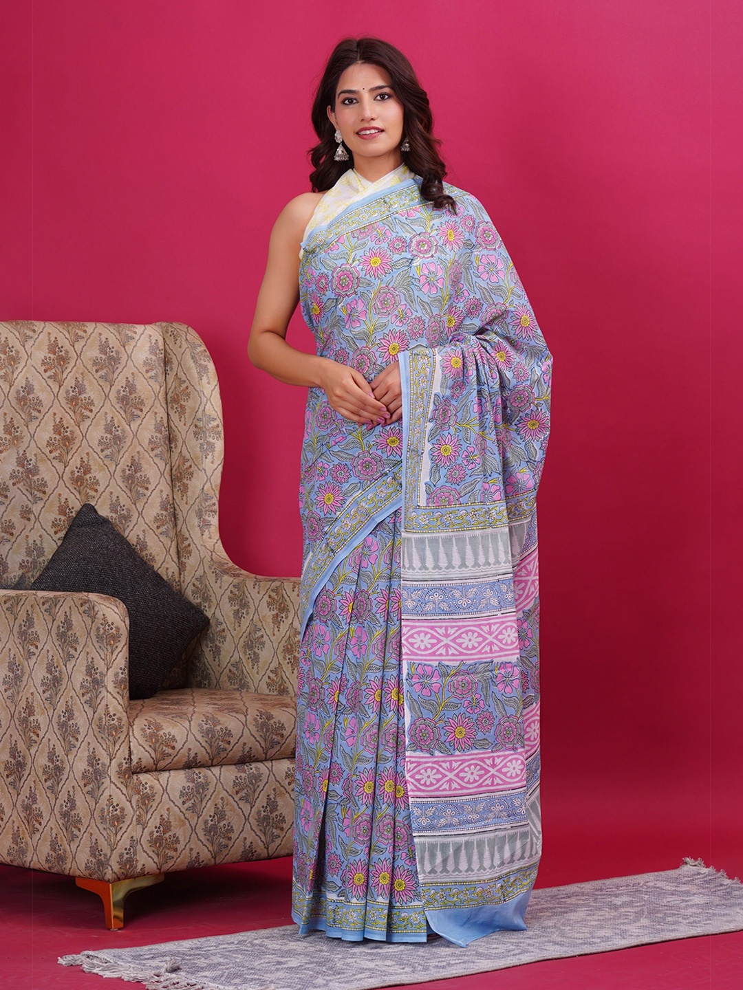 

Vanedik Floral Pure Cotton Block Print Saree, Blue