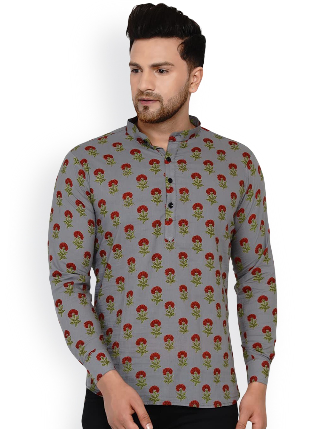 

VEERA PARIDHAAN Floral Printed Straight Cotton Kurta, Grey