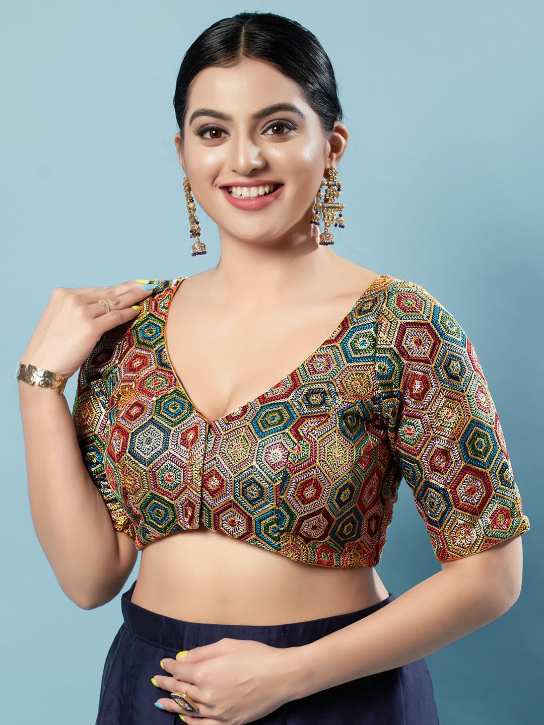 

VAMAS - THE DESIGNER BLOUSES Embroidered V- Neck Padded Saree Blouse, Blue