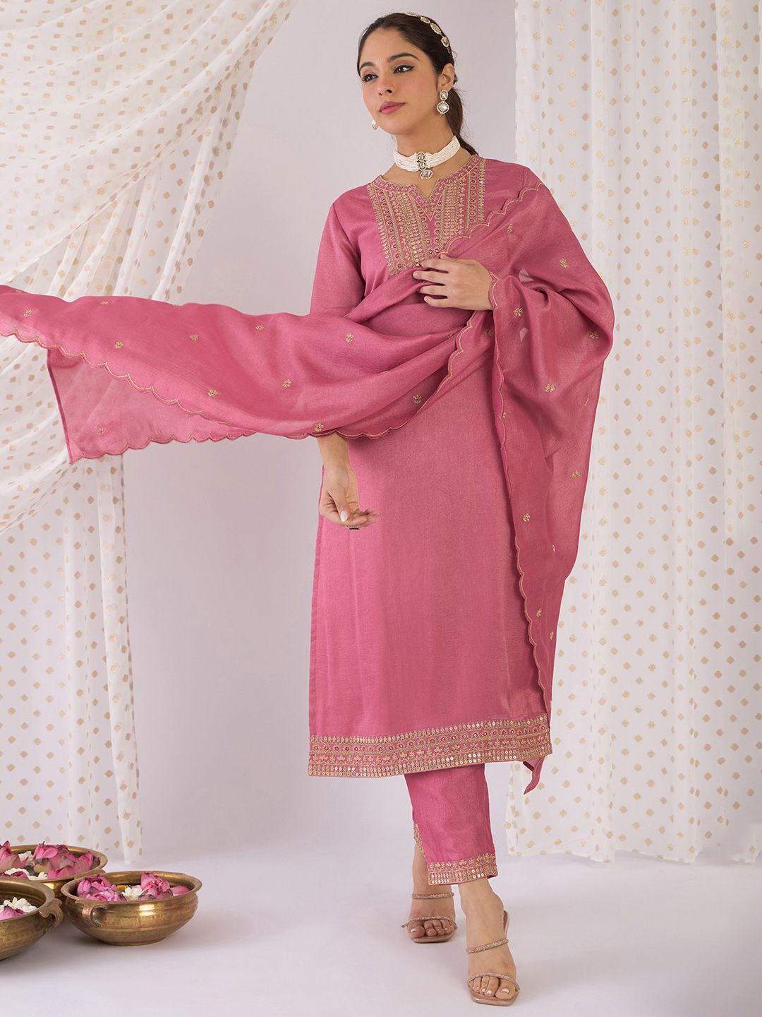 

Indo Era Floral Yoke Design Notch Neck Zari Straight Kurta With Trouser And Dupatta, Mauve