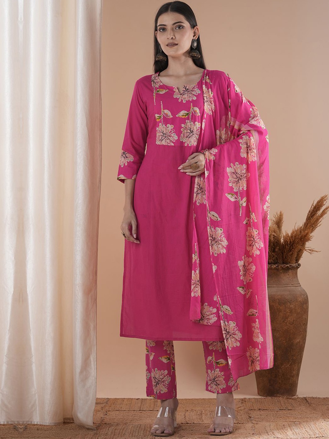 

FASHOR Women Floral Printed Regular Thread Work Pure Cotton Kurta with Trousers & With Dupatta, Pink