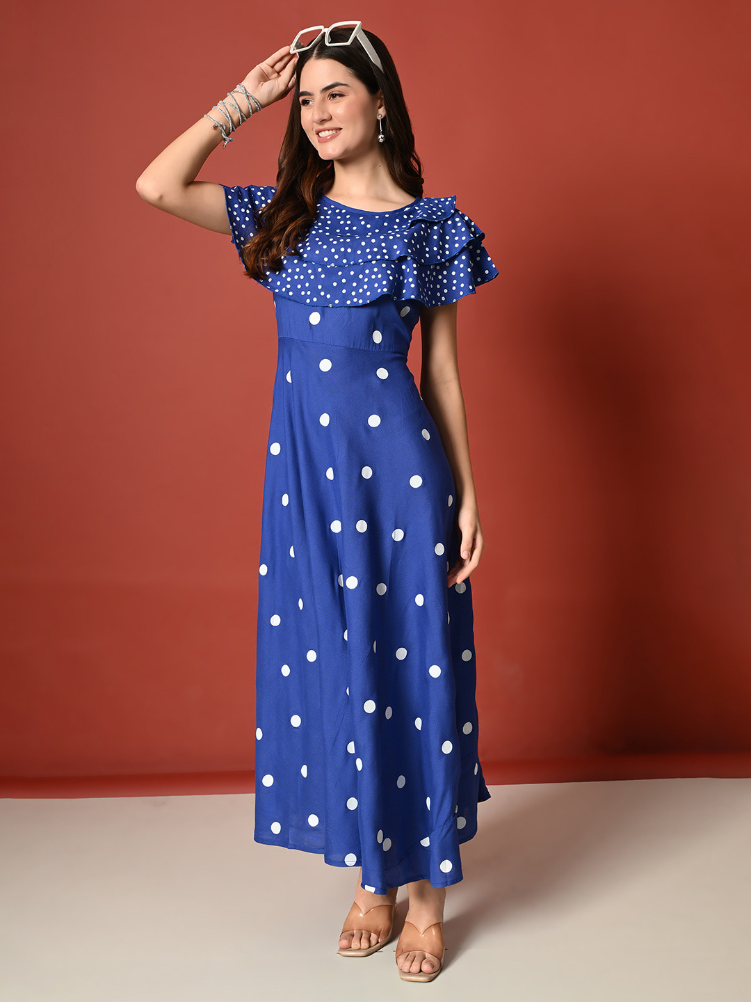

ao services Women Polka Dot Printed Mirror Work Anarkali Kurta, Blue