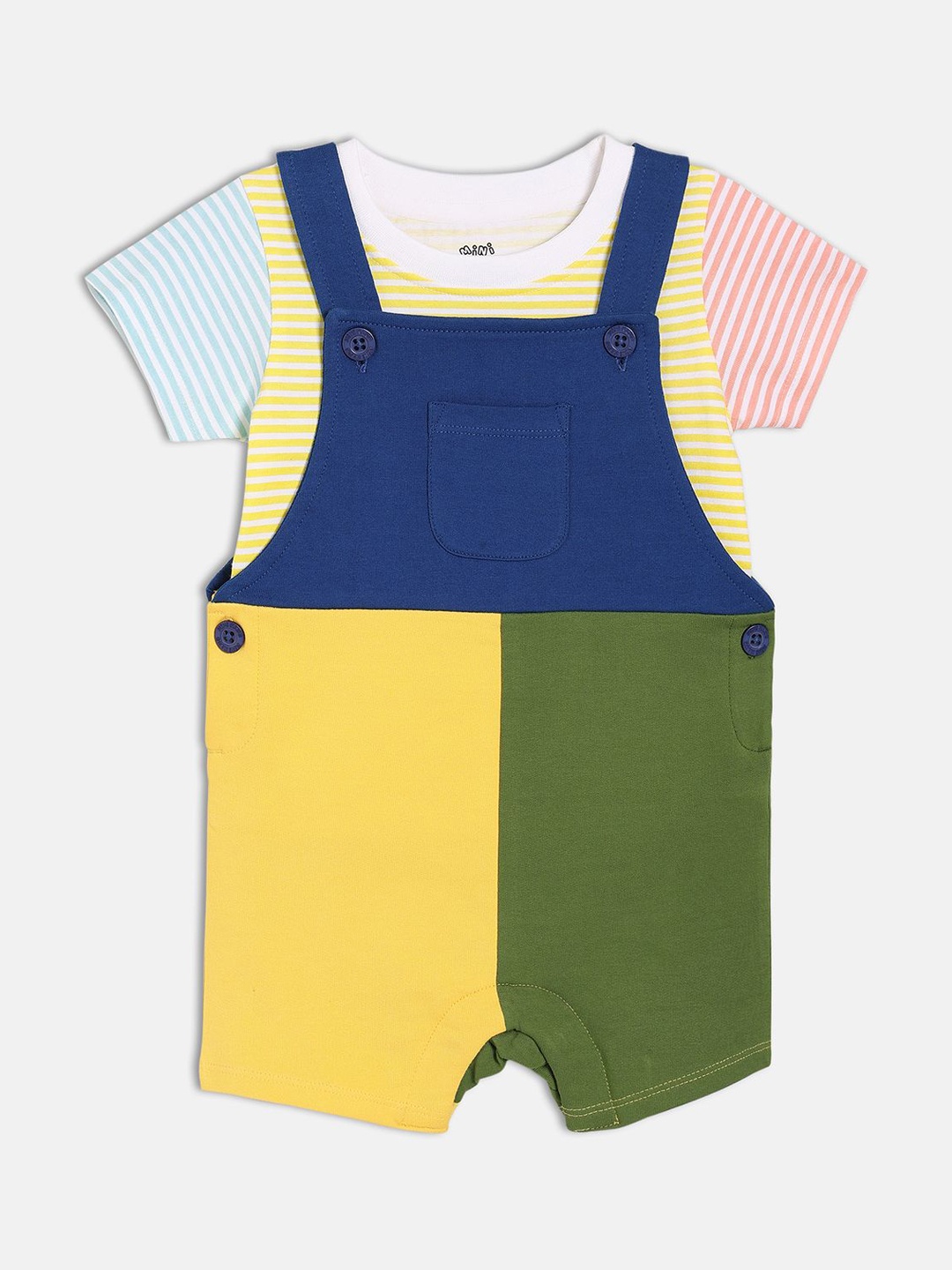 

MINI KLUB Boys Colourblocked Cotton Dungaree With Striped Tee, Yellow