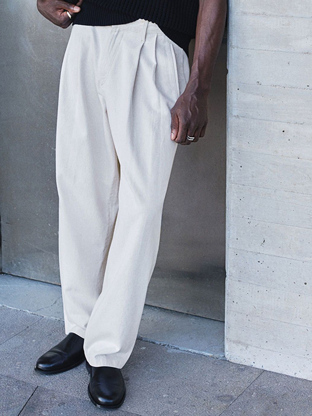 

H&M Men Cotton Relaxed Fit Denim Trousers, Beige