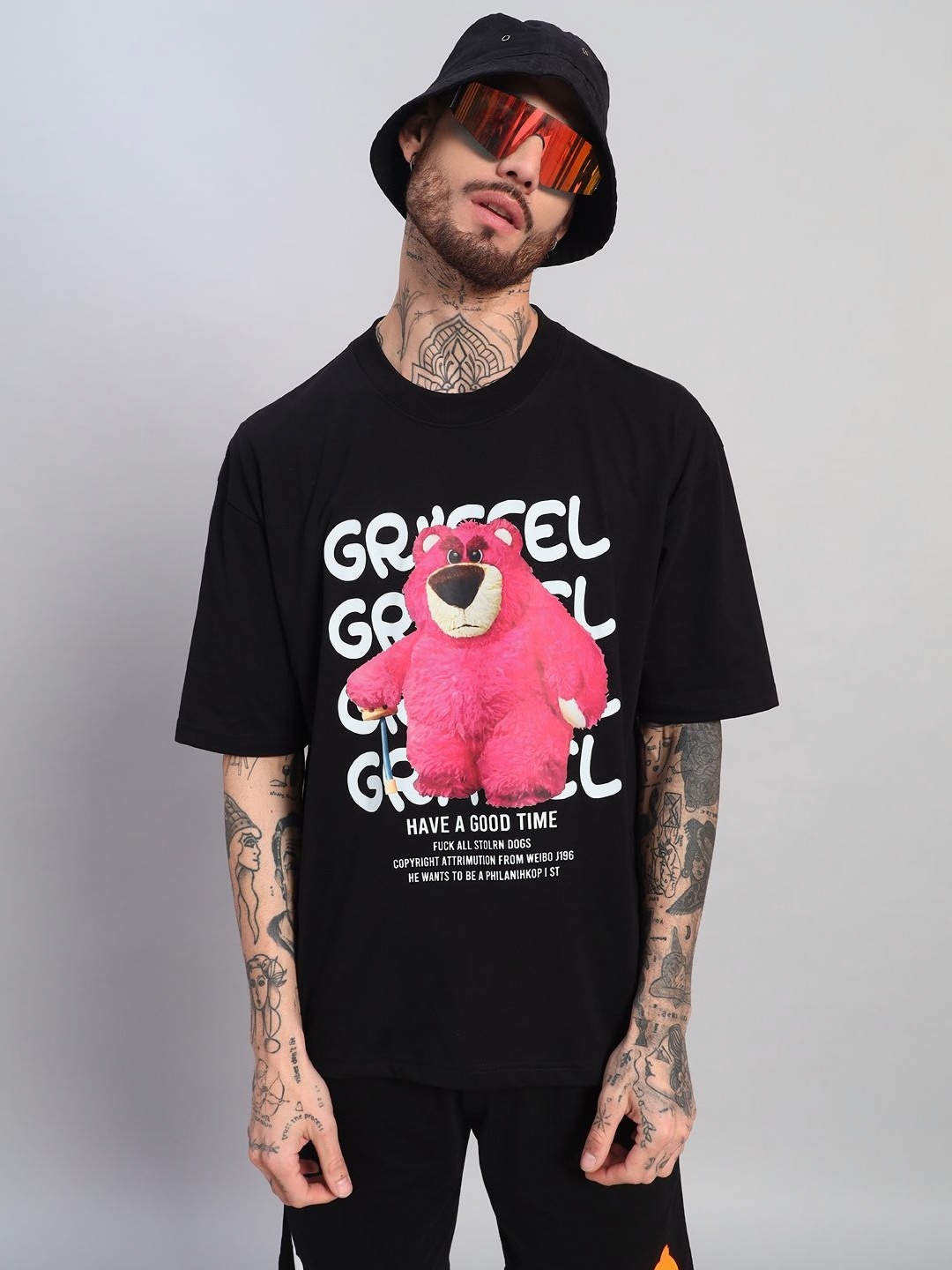 

GRIFFEL Men Printed Drop-Shoulder Sleeves Ultralite T-shirt, Black