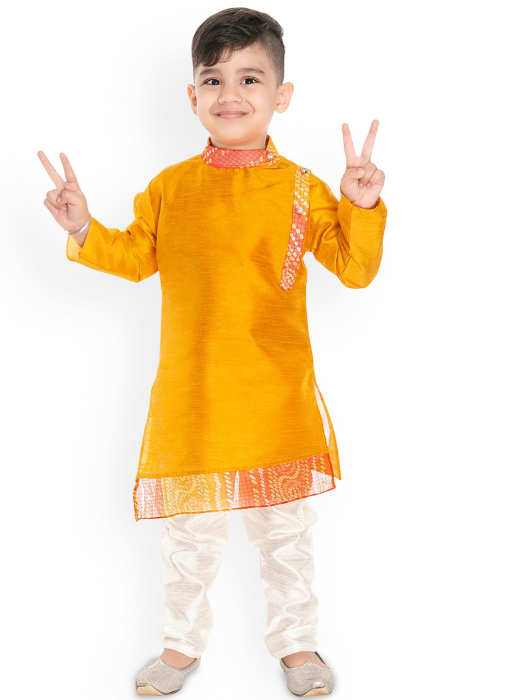 

BAESD Boys Mandarin Collar Sequinned Straight Kurta With Trousers, Orange
