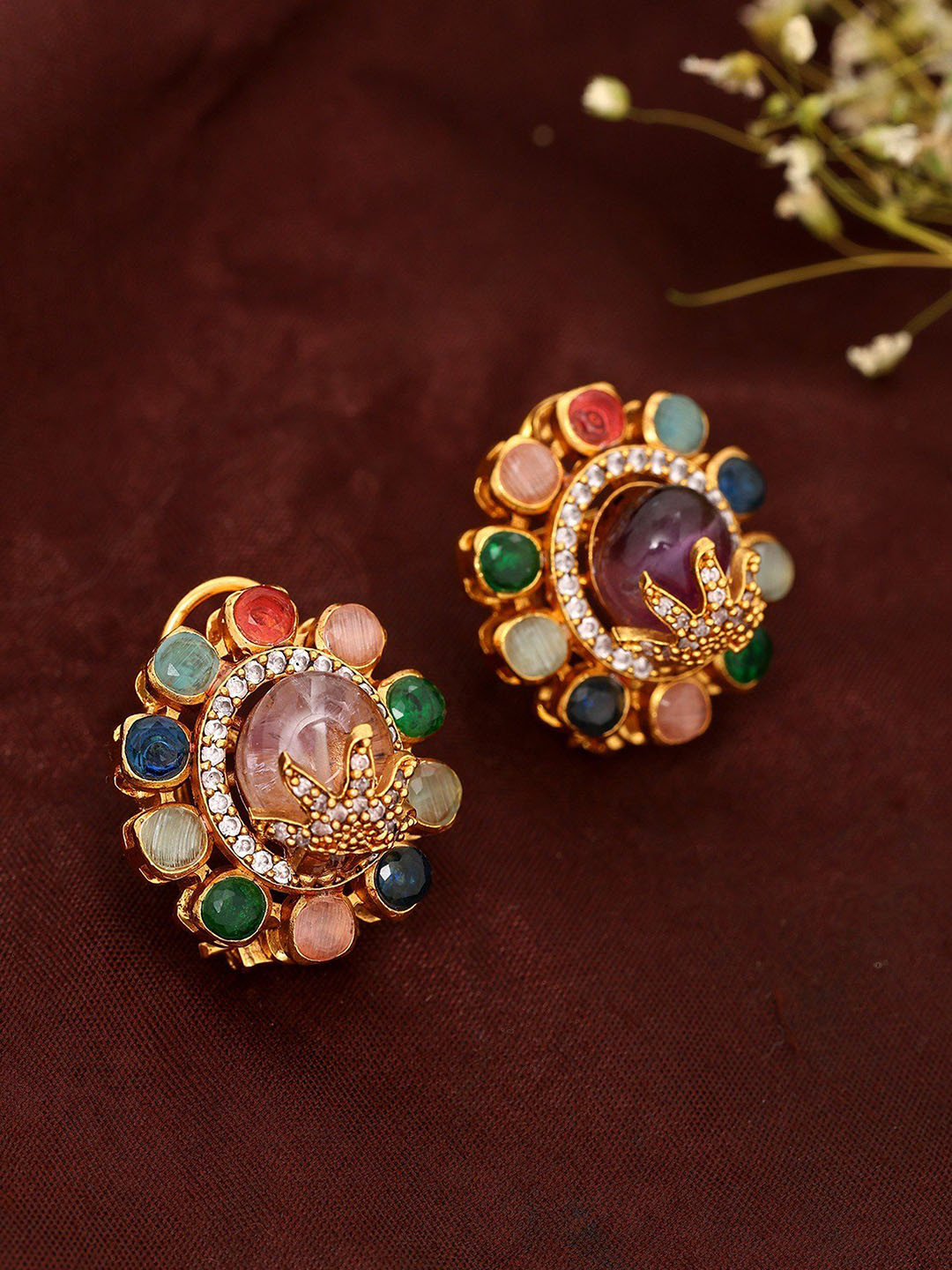 

Exotic India Gold-Plated Circular Artificial Stones Studs Earrings, White