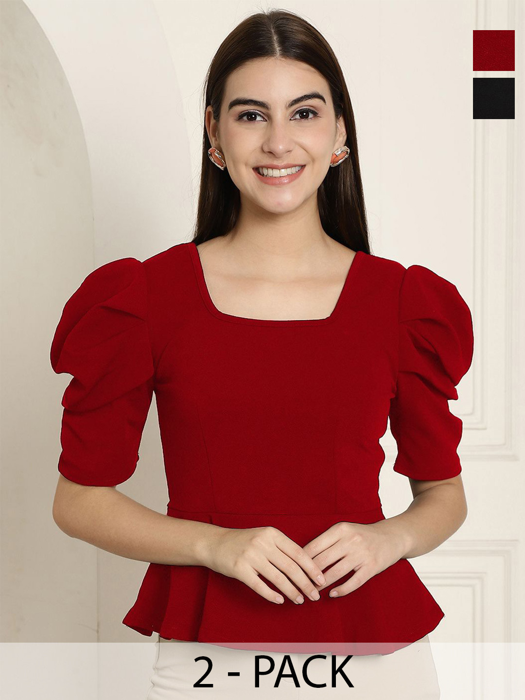 

Tromko Women Pack Of 2 Solid Peplum Puff Sleeve Regular Lenth Top, Red