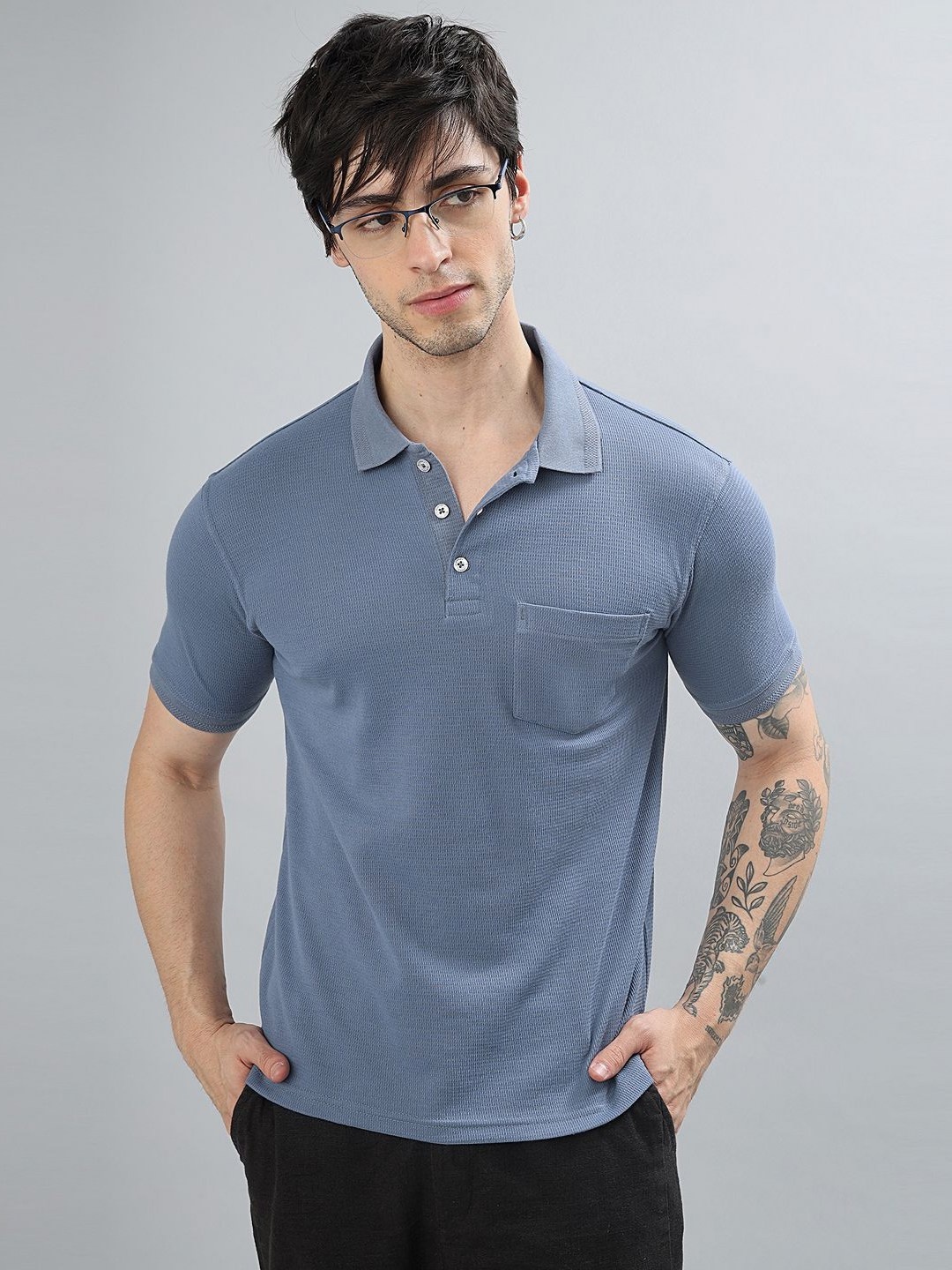 

BLUWEEA Men Polo Collar Pockets T-shirt, Blue