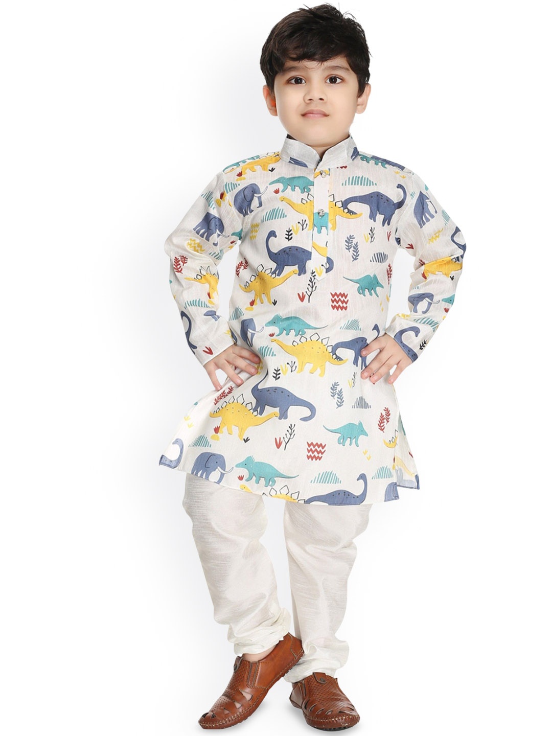 

BAESD Boys Animal Printed Mandarin Collar Kurta With Pyjamas, White