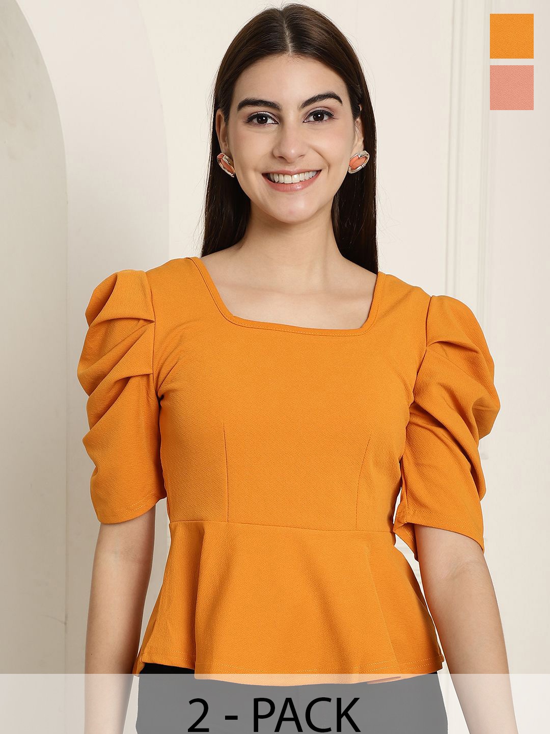 

Tromko Women Solid Puff Sleeve pack of 2 multicolor top, Orange