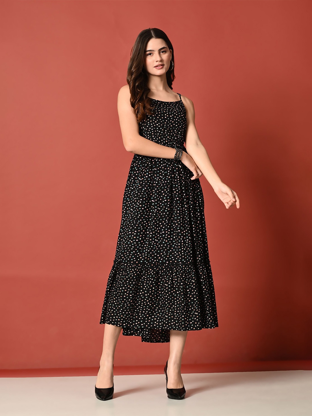

ao services Women Printed Shoulder Straps Maxi Dress, Black