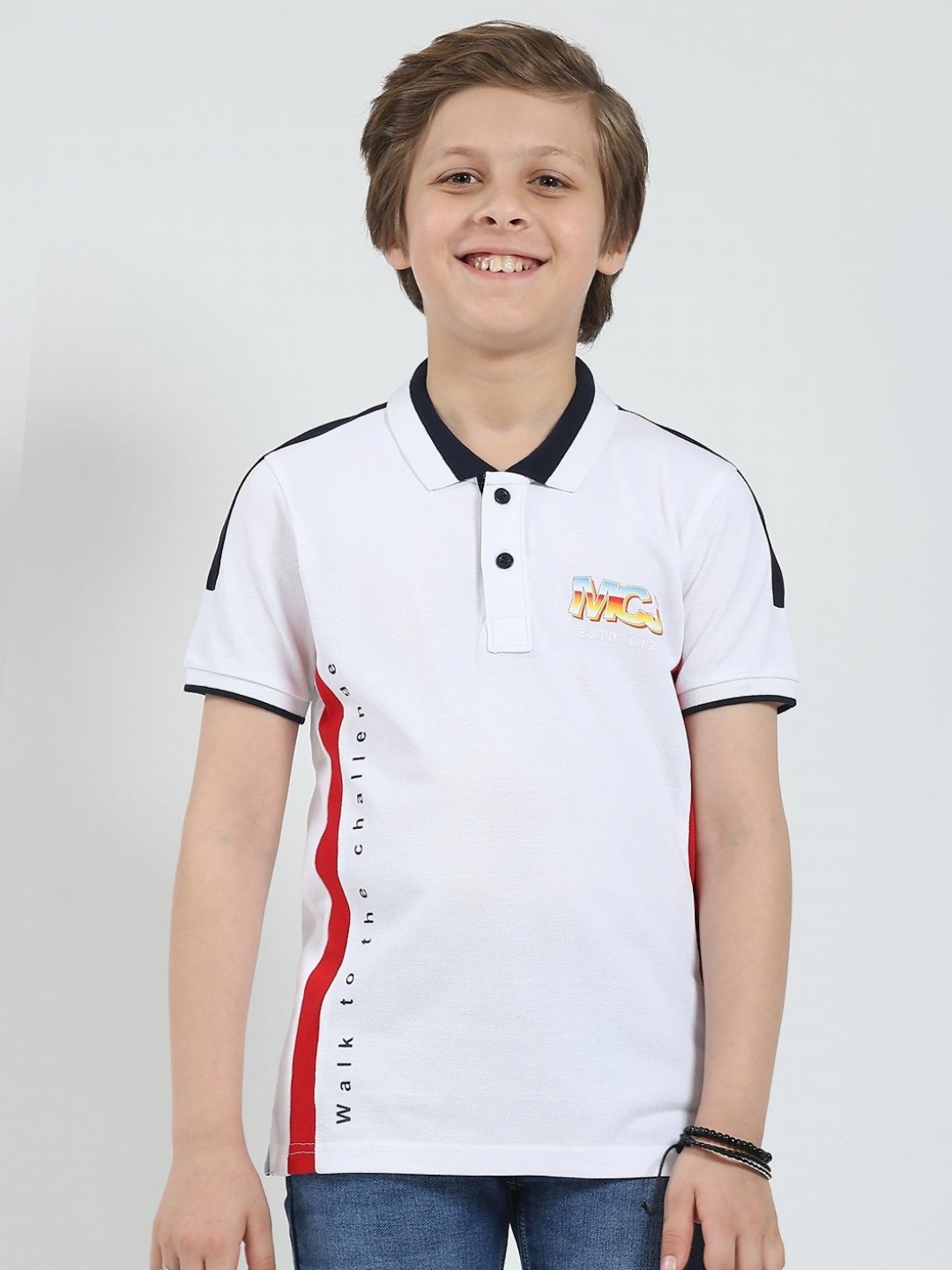 

Monte Carlo Boys Printed Polo Collar Pure Cotton Applique T-shirt, White