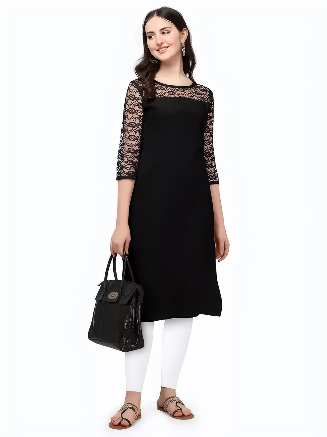 

ZELZIS Round Neck Straight Kurta, Black