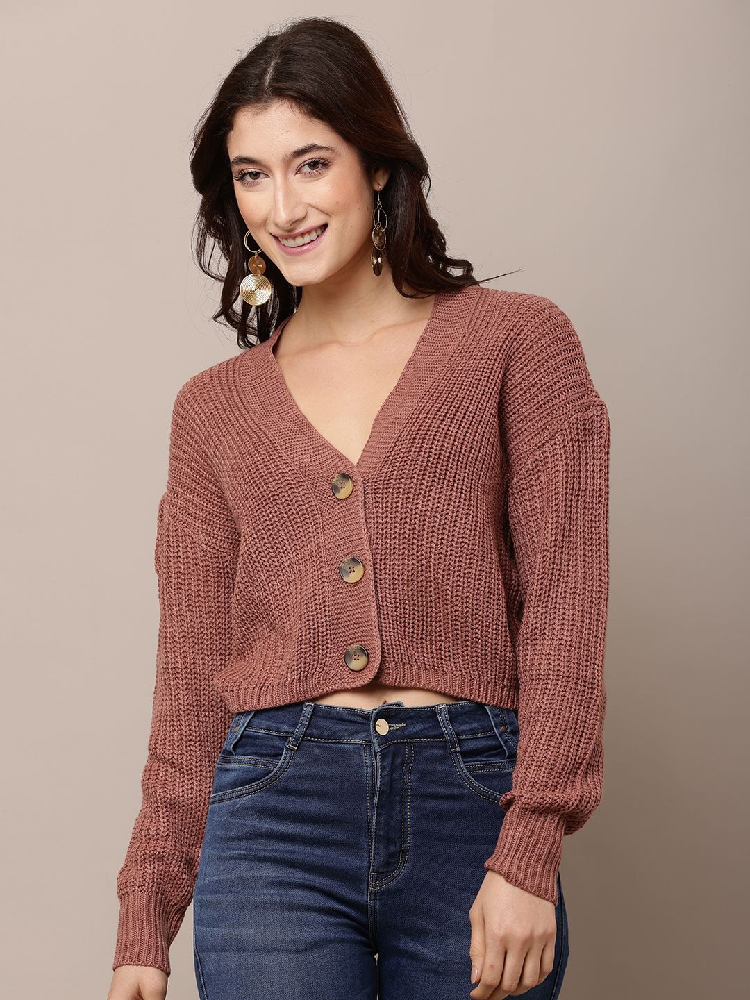 

NoBarr Women Self Design V-Neck Sweater, Brown
