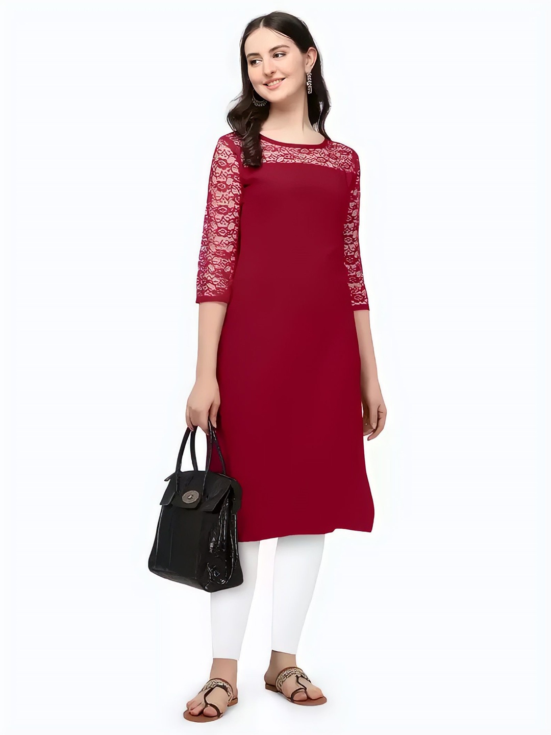 

ZELZIS Round Neck Straight Kurta, Maroon