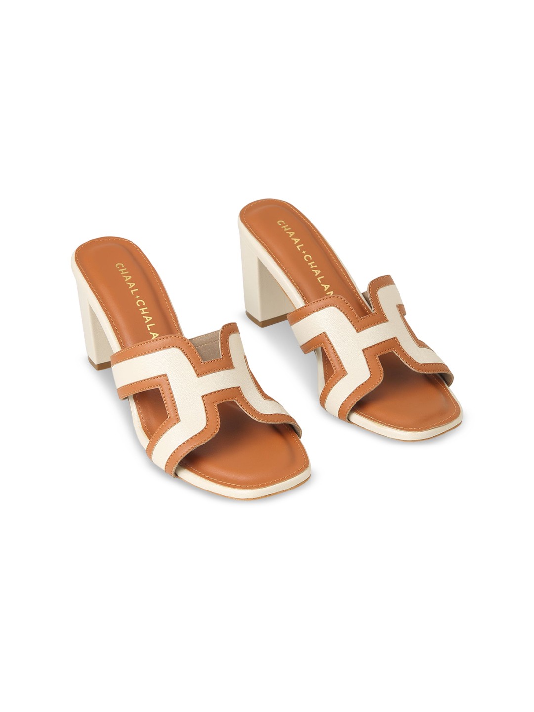 

CHAAL CHALAN Colourblocked PU Block Sandals, Beige