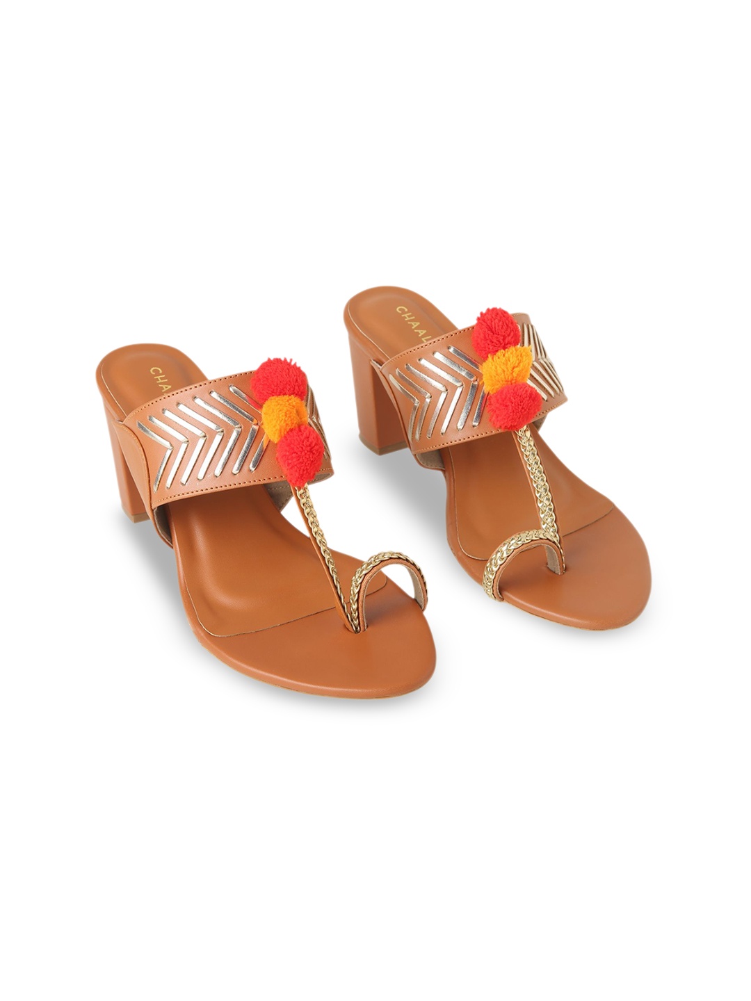 

CHAAL CHALAN Printed PU Ethnic Block Sandals with Bows, Beige