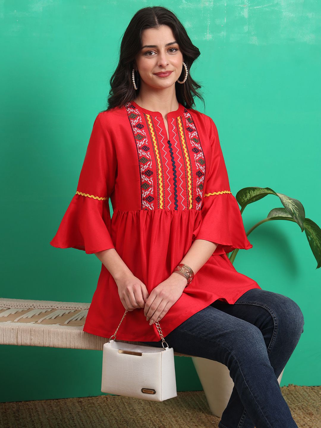 

Sangria Embroidered Mandarin Collar Neck Tops, Red