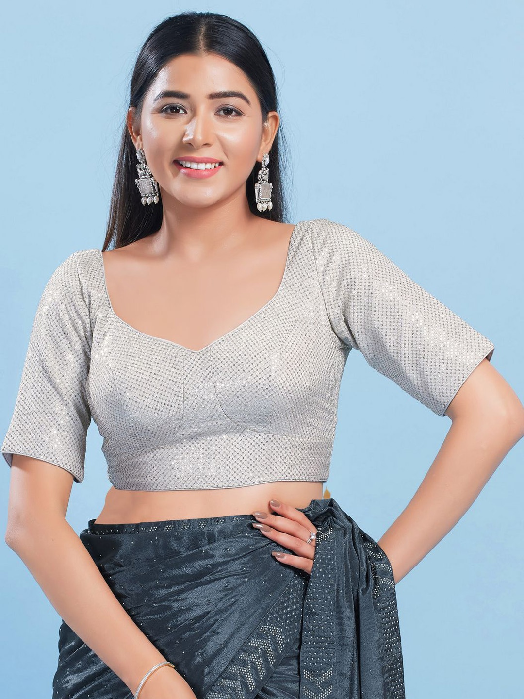 

VAMAS - THE DESIGNER BLOUSES Embroidered Silk U- Neck Padded Saree Blouse, Silver