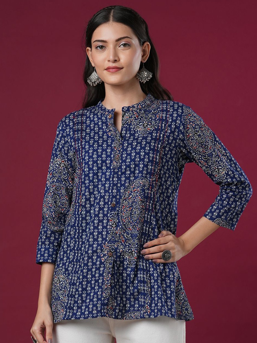 

FASHOR Ethnic Motifs Printed Pure Cotton Kurti, Blue