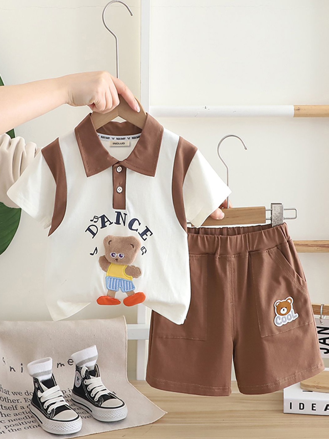 

INCLUD Boys Printed Shirt Collar T-shirt With Shorts, Brown