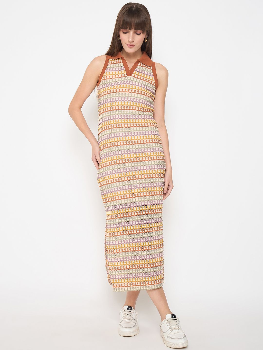 

Madame Women Shirt Collar Sleeveless Maxi Dress, Brown